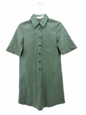 Mango Short-Sleeve Button-Front Mini Dress in Olive Green Faux Leather